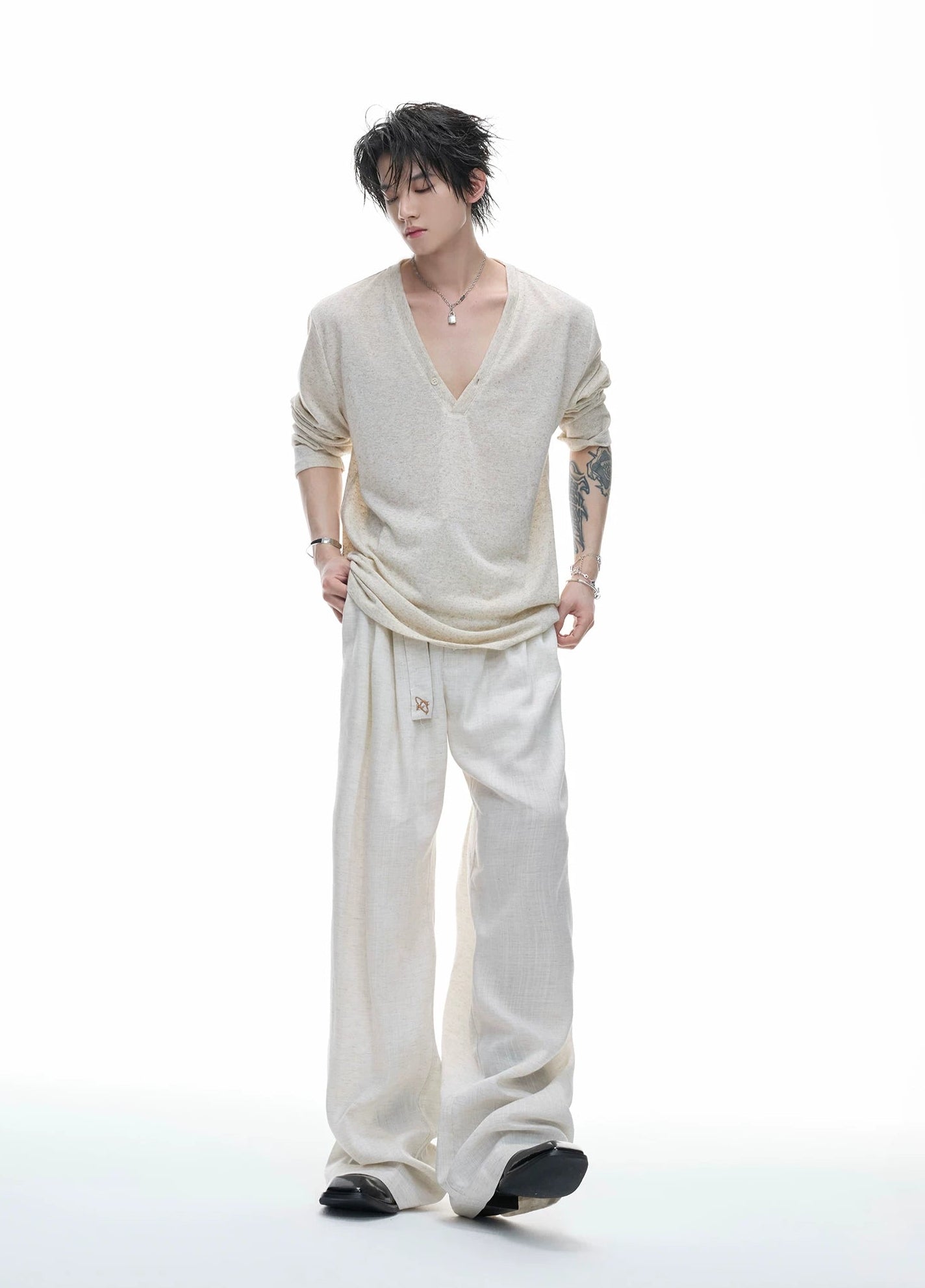 Deep V-Neck Relaxed Long Sleeve Tee