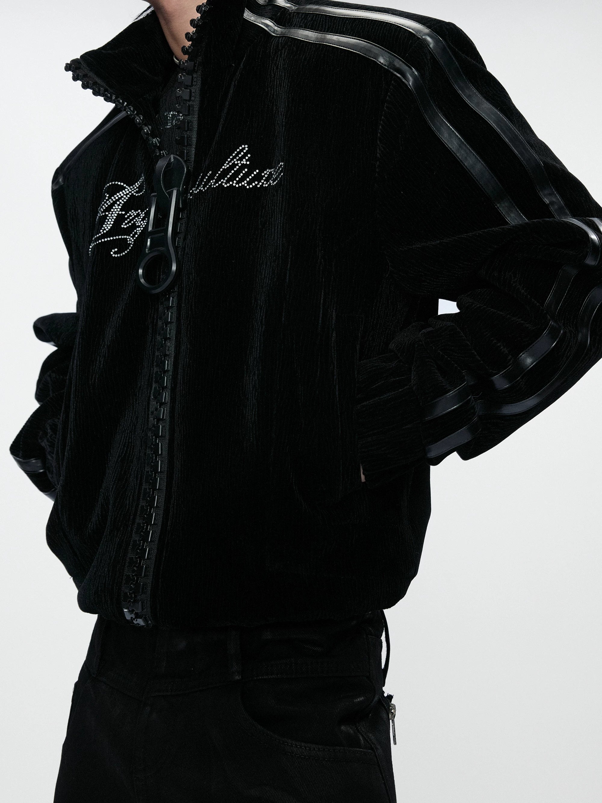 Wave Texture Rhinestone Moto Jacket