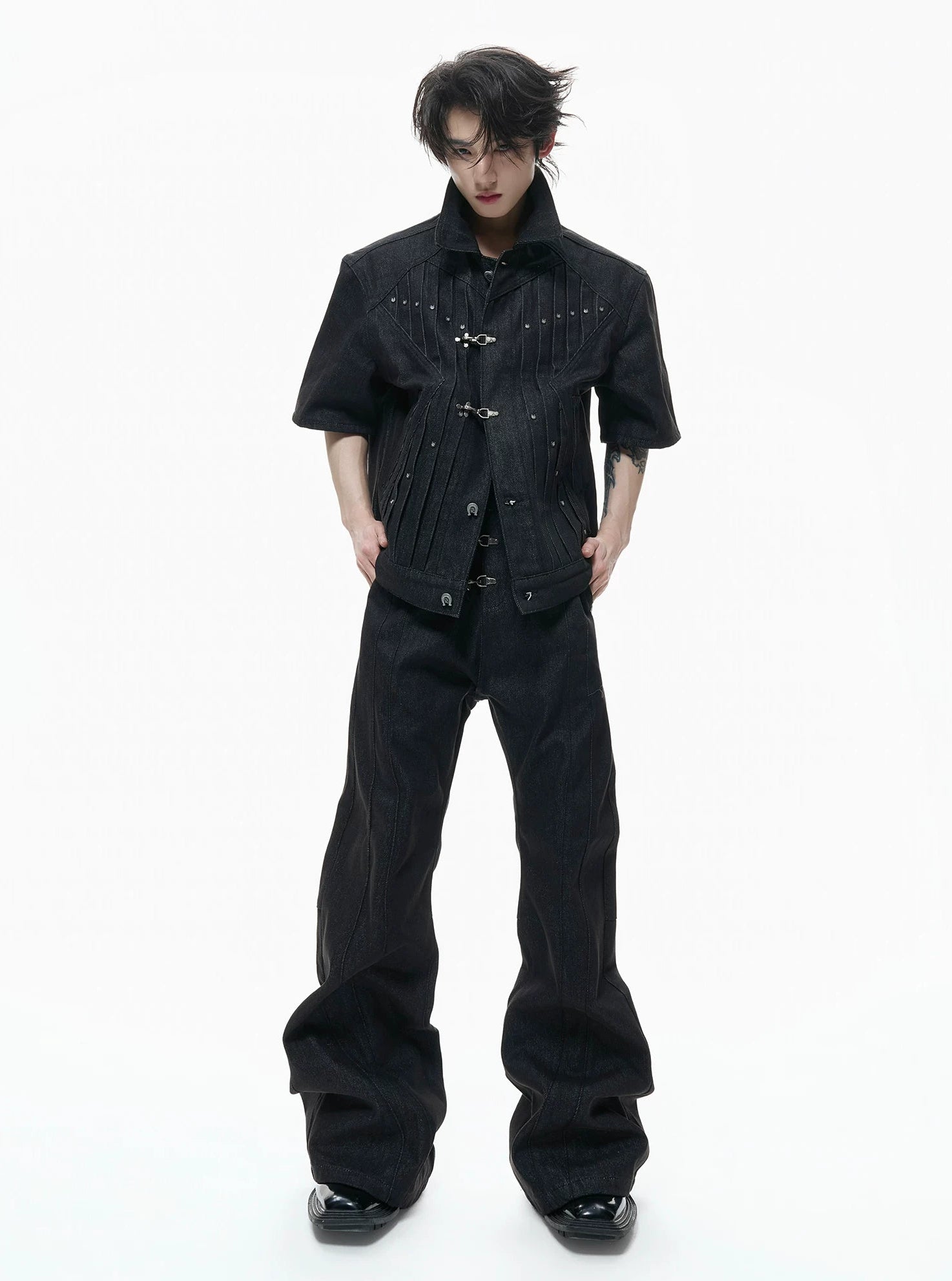 【26s Apr.】Horseshoe-Buckle Ruched Short-Sleeve Denim Jacket / Jeans