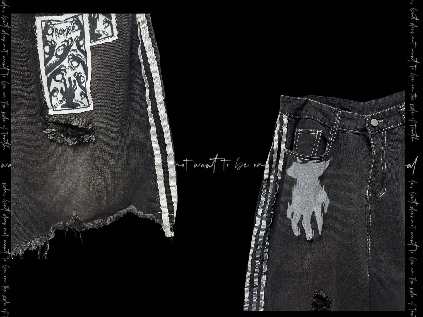【25s Aug.】Black Striped Distressed Denim Shorts with Patch Details