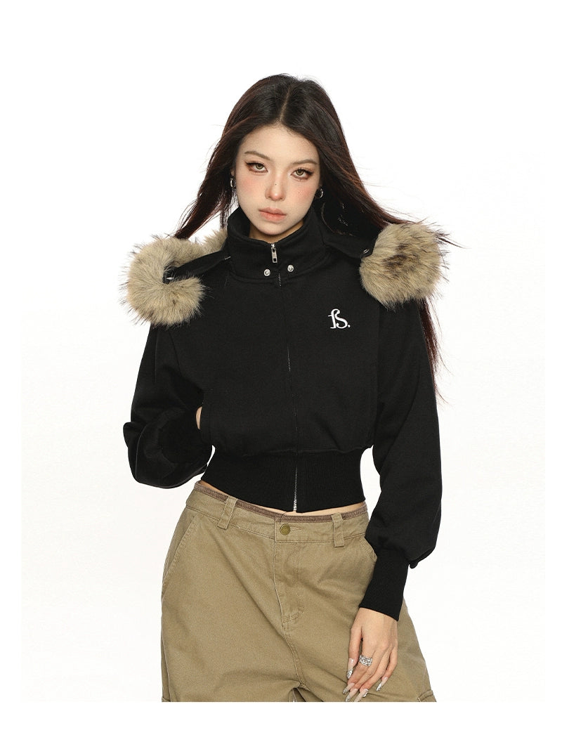 【25s Nov.】Detachable Fur Collar Hooded Short Jacket