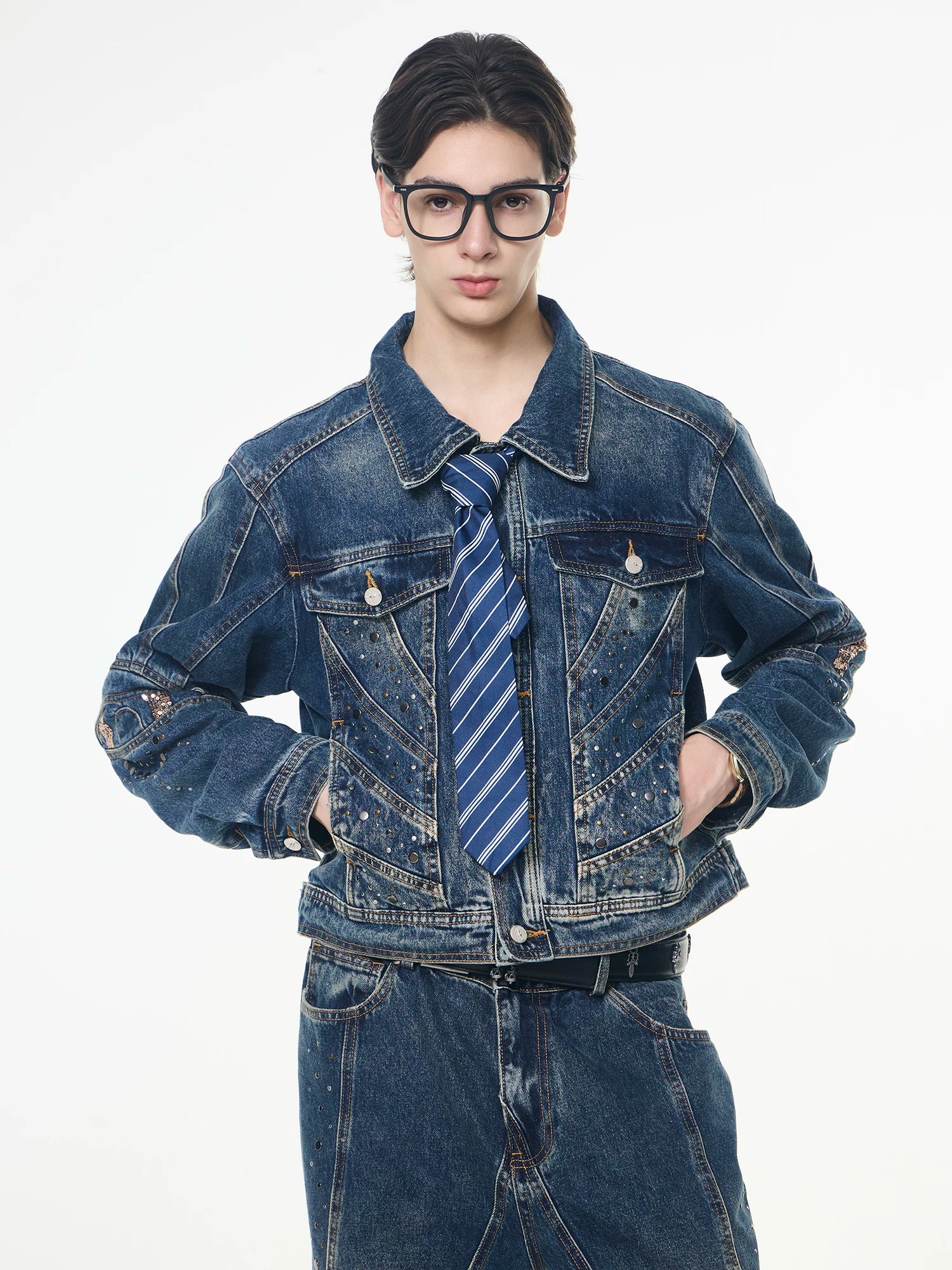 【26s Apr.】Distressed Studded Sequin Denim Set