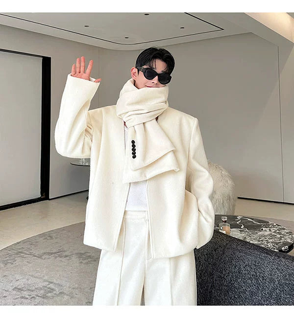 【24s Dec.】Heavy Woolen Collarless Suit, Scarf and Straight Pants Three-piece Suit ArtsKoreanMan