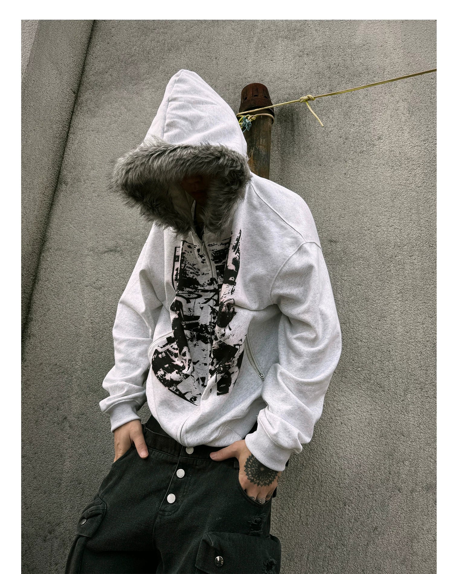 【26s Jan.】Vintage Printed Fur-Trim Zip-Up Hoodie Jacket