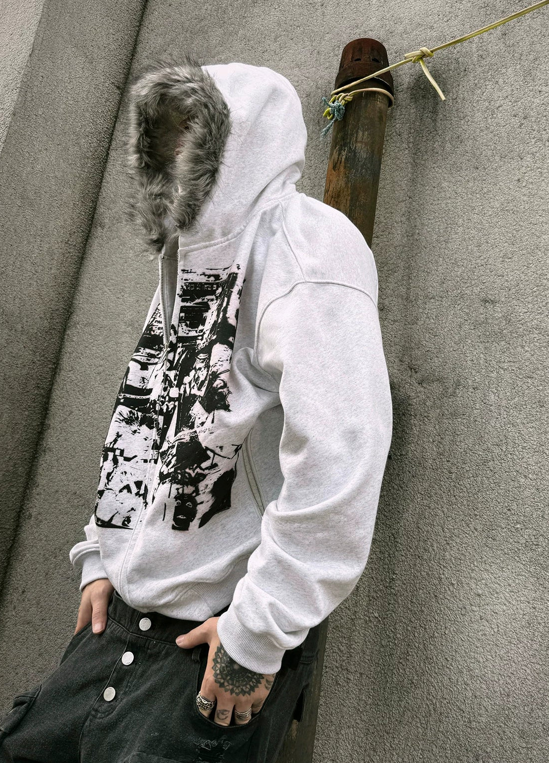 【26s Jan.】Vintage Printed Fur-Trim Zip-Up Hoodie Jacket