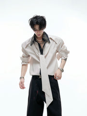 【25s Aug.】Diamond-embellished Ribbon-trimmed Shirt