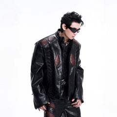 【25s Jun.】Red Spine Patchwork Thick Padded Leather Biker Jacket