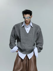 【25s Oct.】Shirt-paneled Button-down V-neck Sweater