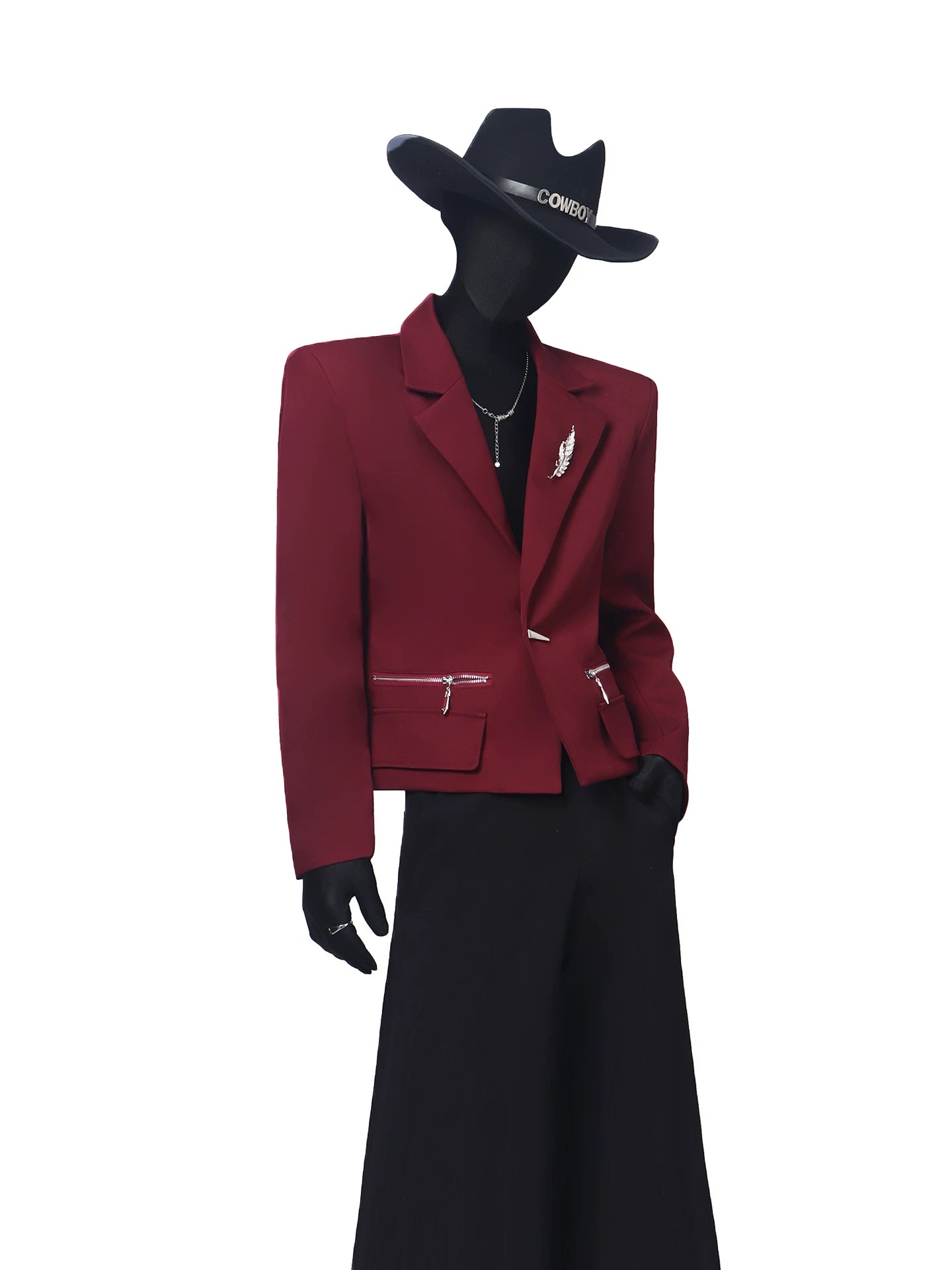【26s May.】Cropped Metal Brooch Shoulder Blazer + Pants