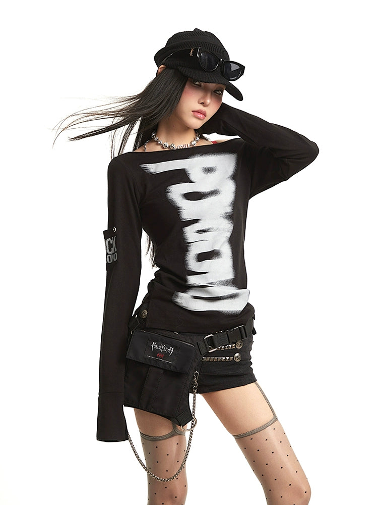 【25s Dec.】Retro Letter Print Off-shoulder Base Layer