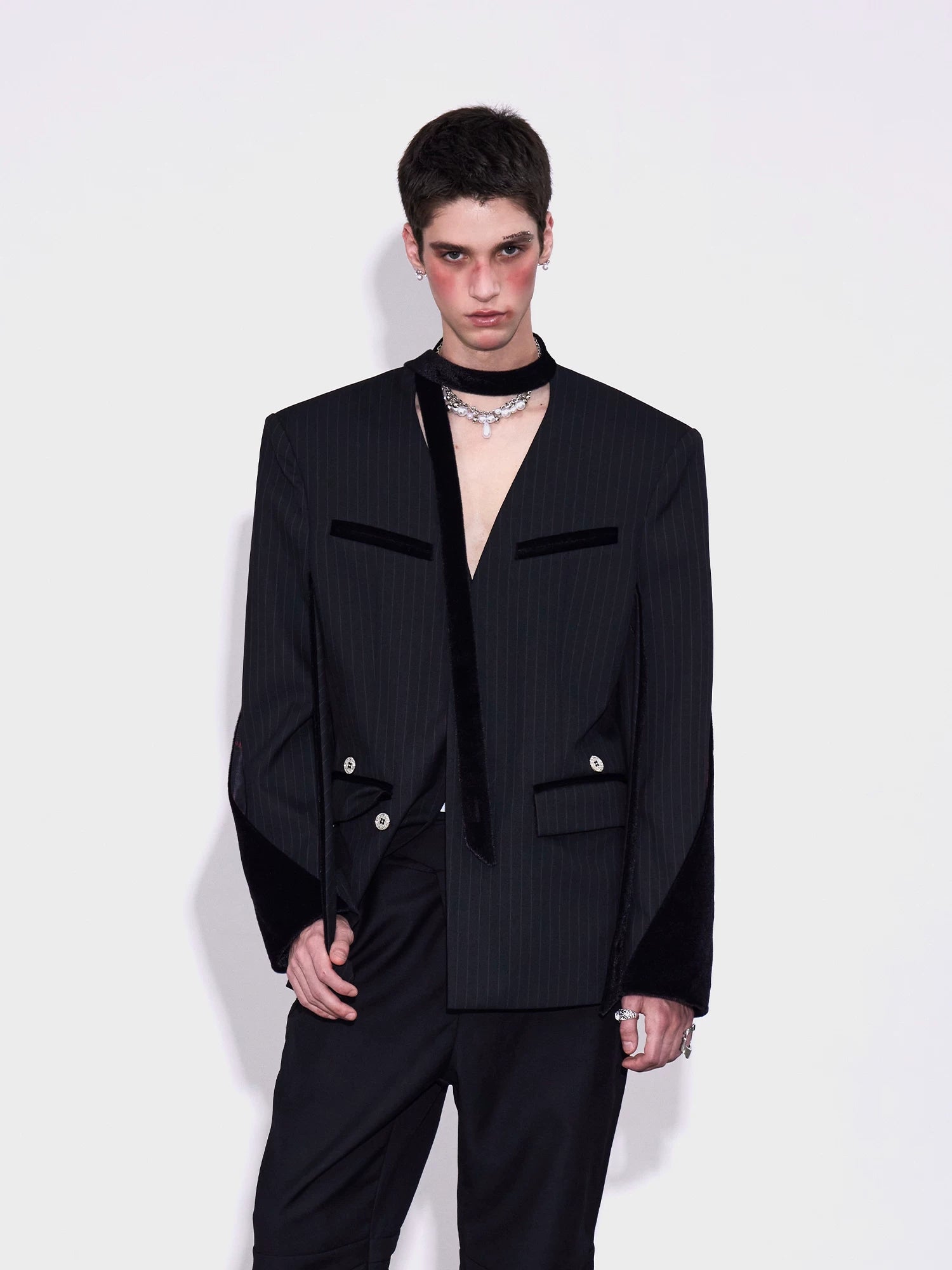 【26s Apr.】Deconstructed Stripe Panel V-Neck Tailored Jacket