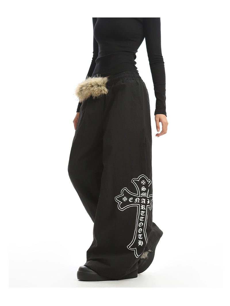 【25s Dec.】Fur Collar Printed Fleece-lined Curved Trousers
