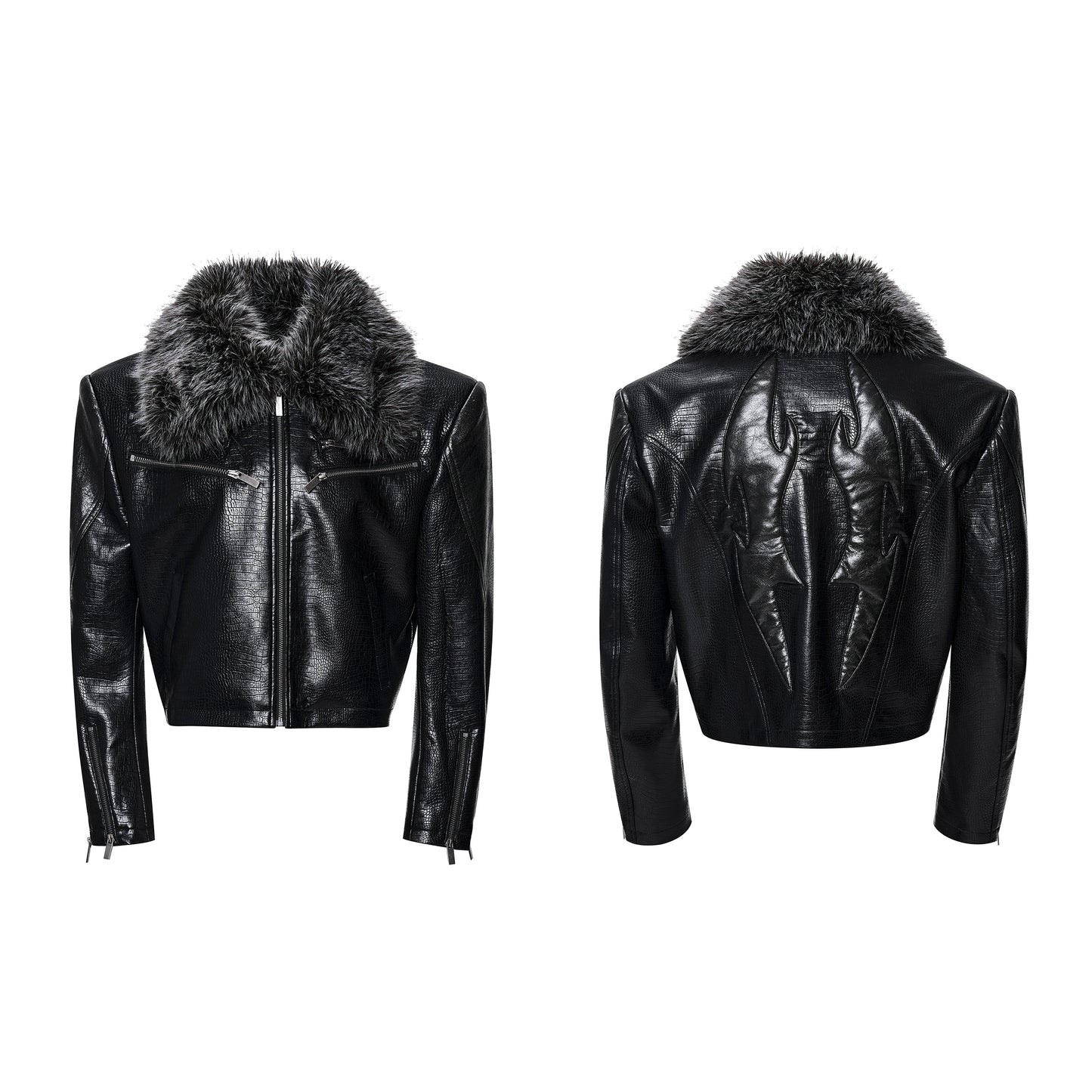 Crocodile Fur Collar Short Leather Jacket