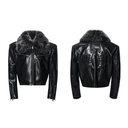 Crocodile Fur Collar Short Leather Jacket