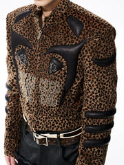【25s Oct.】Leopard Print Leather and Rhinestone Stand Collar Jacket
