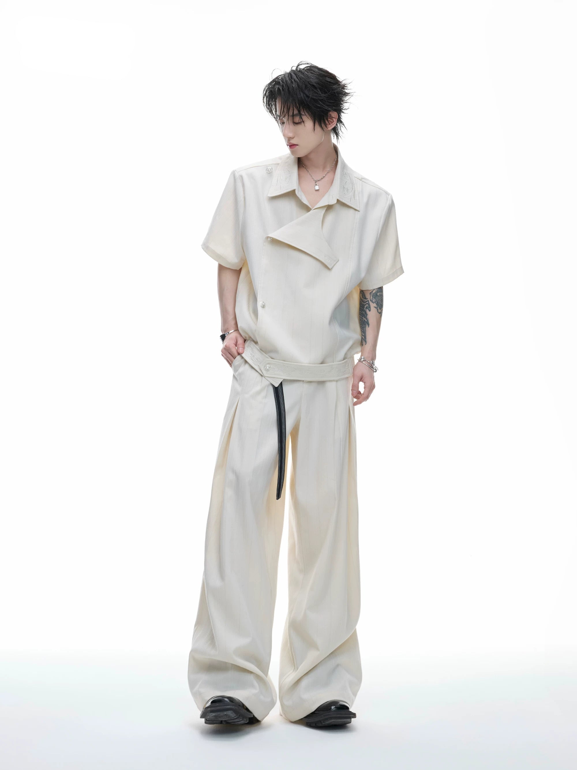 Embroidered Asymmetric Stripe Shirt Tee