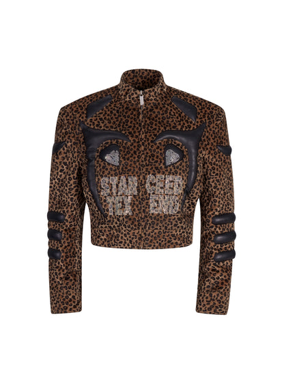 【25s Oct.】Leopard Print Leather and Rhinestone Stand Collar Jacket