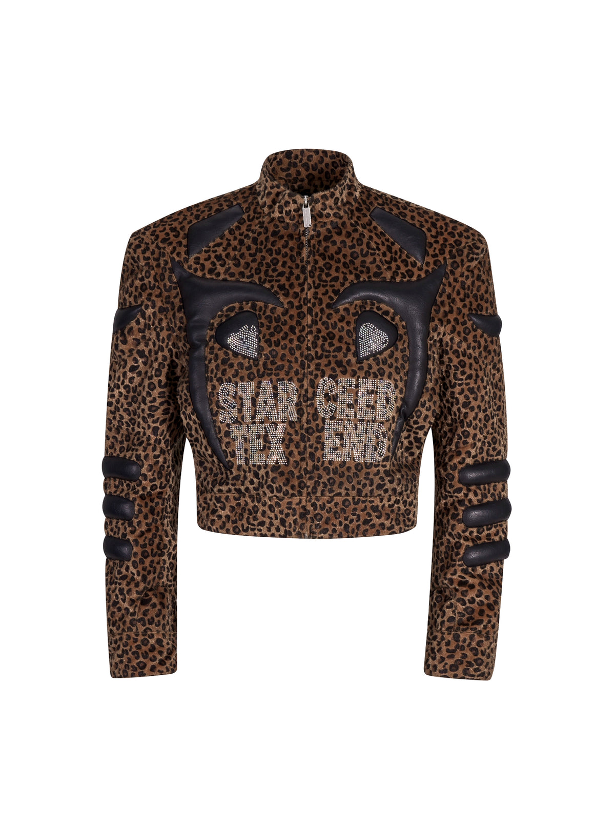【25s Oct.】Leopard Print Leather and Rhinestone Stand Collar Jacket