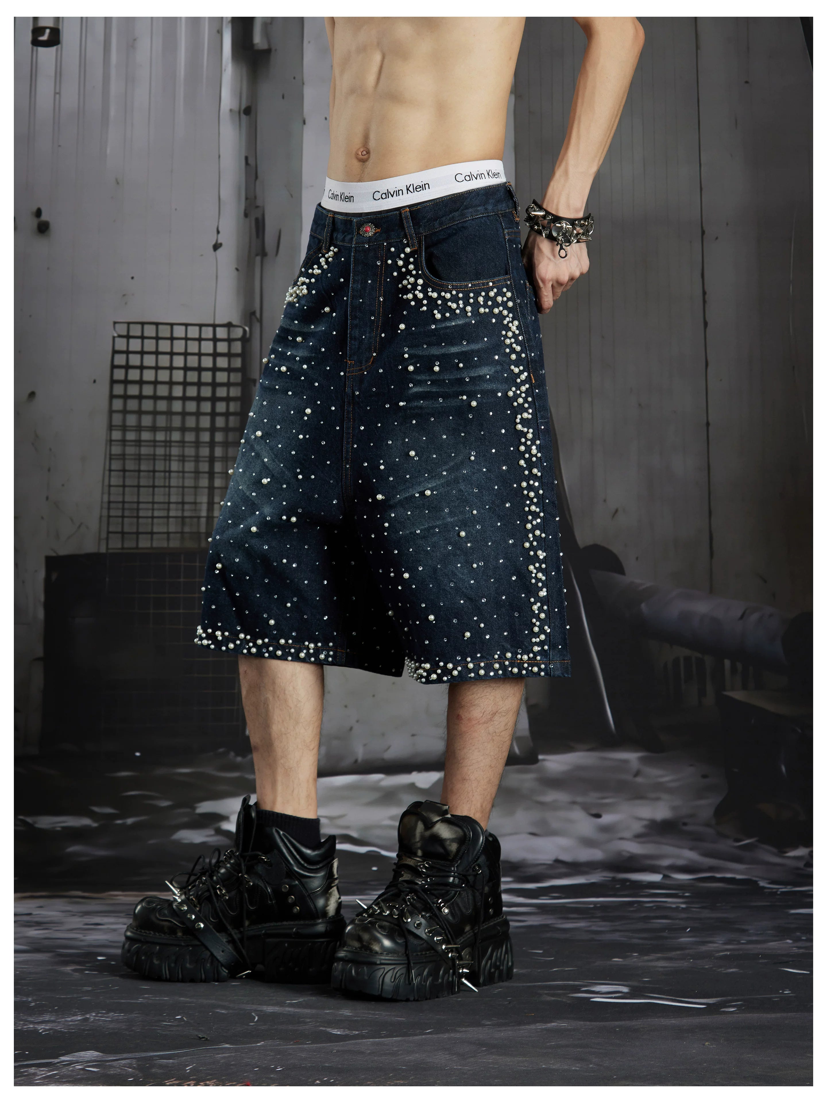 Distressed Studded Denim Cropped Shorts