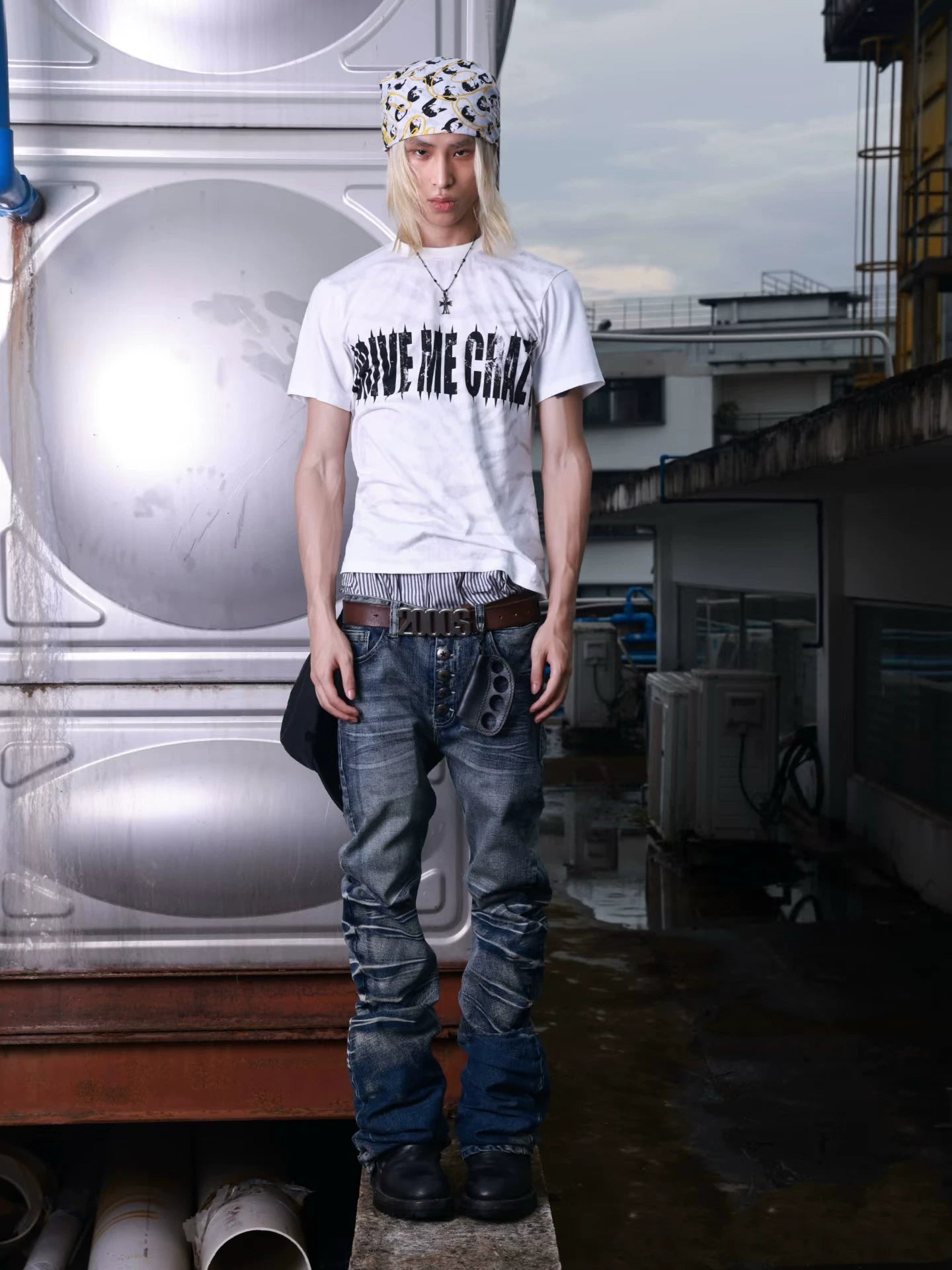Ice Blue Cracked Washed Curved Denim Jeans