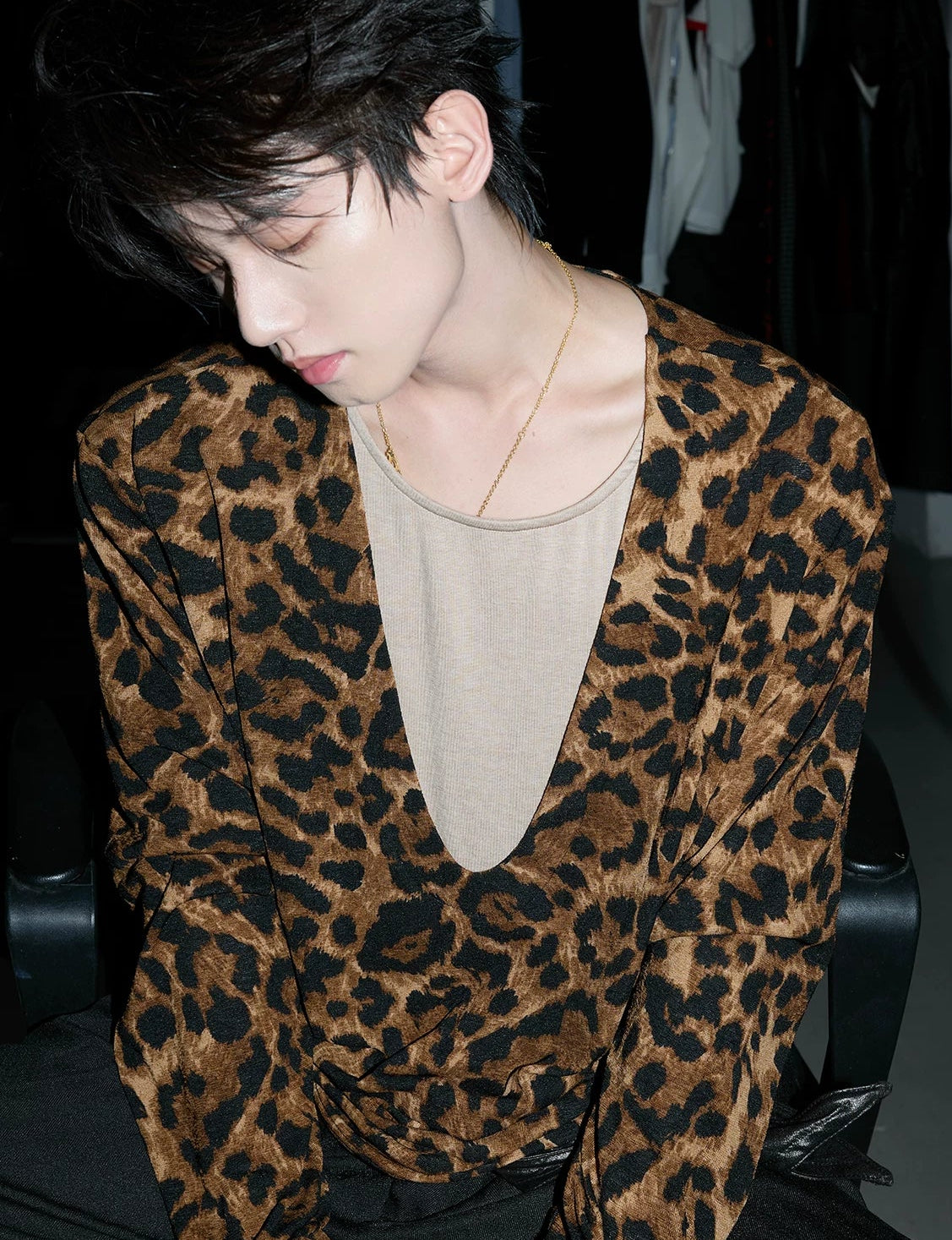 Leopard Texture Layered V-Neck Tee