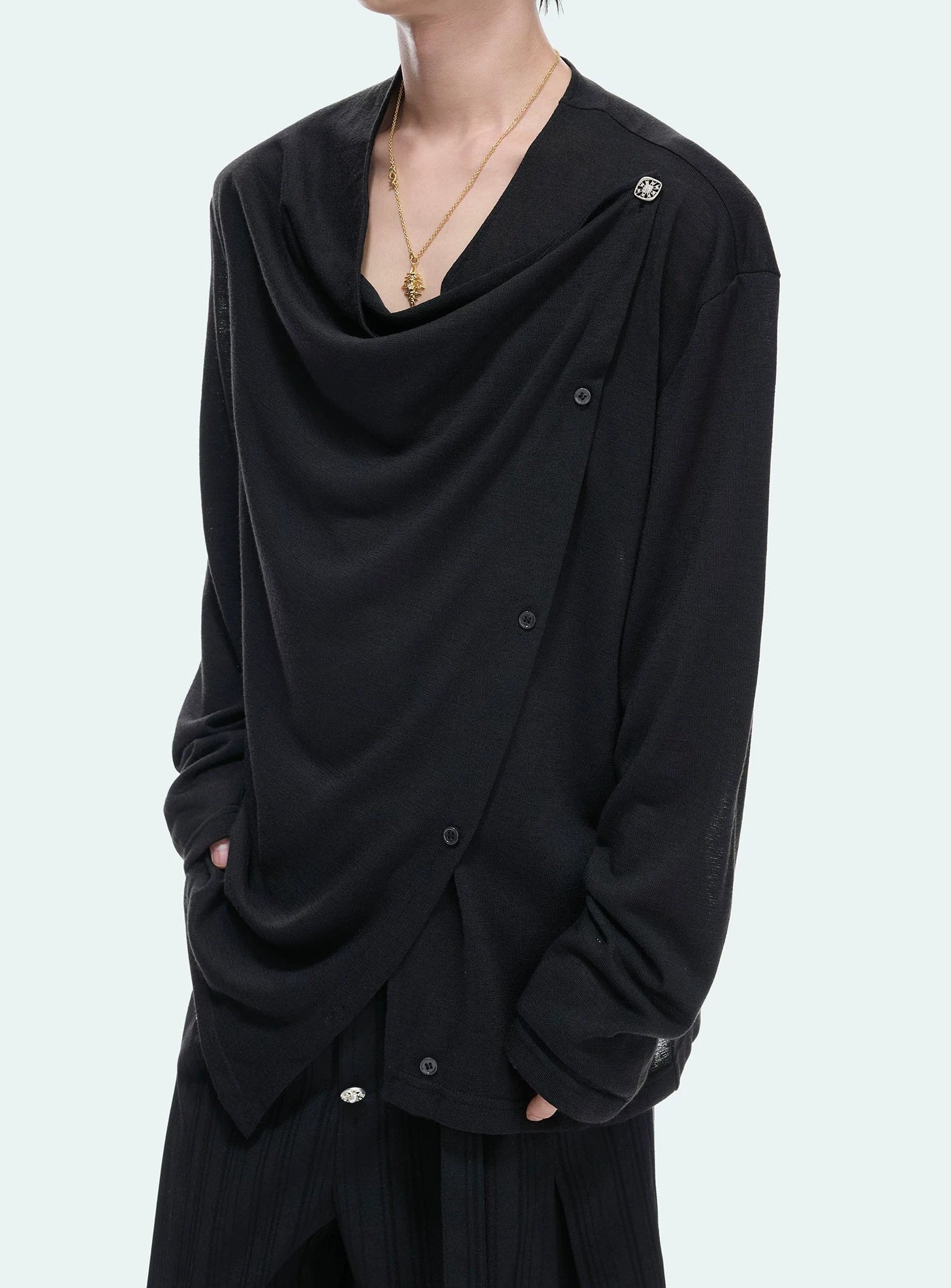Textured Asymmetric Button Long Sleeve Top