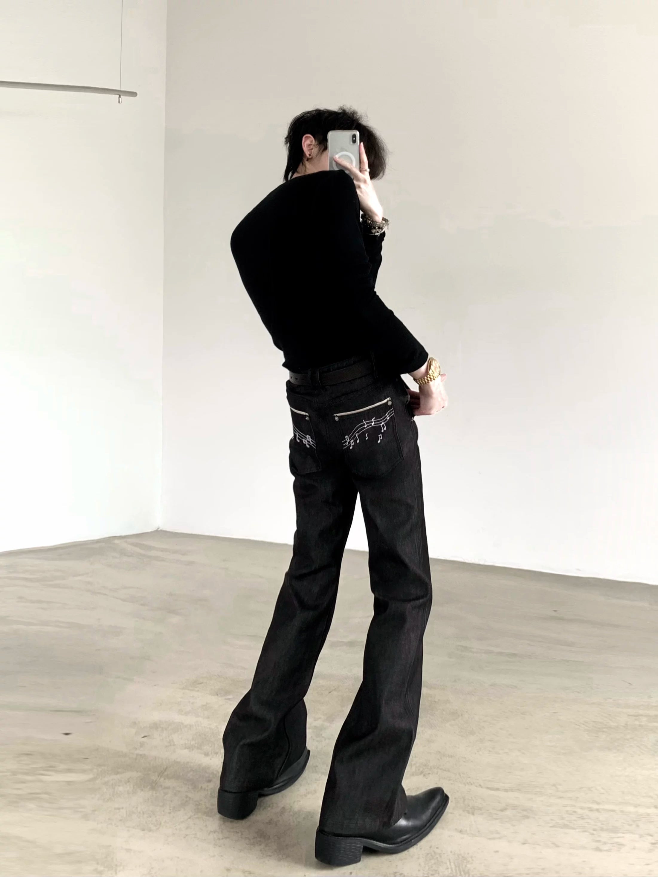 Music Note Raw Denim Flared Jeans
