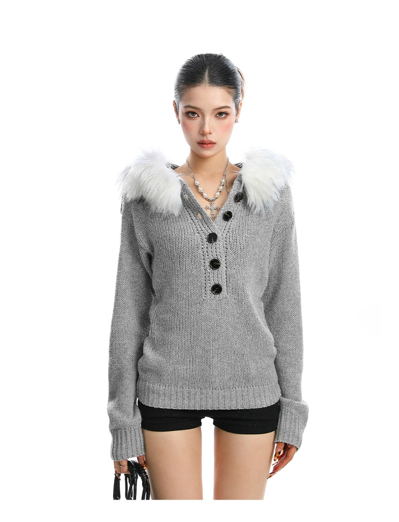 【25s Nov.】Detachable Fur Collar Henley Collar Sweater