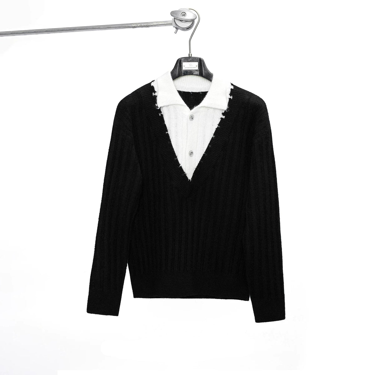 Double Collar Contrast Ribbed Wool Sweater