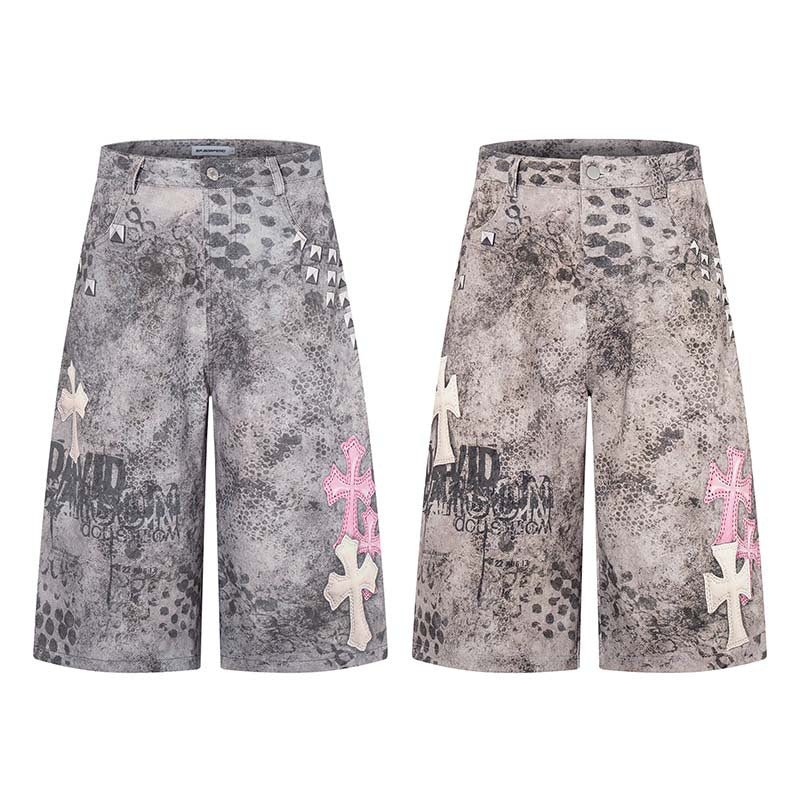 Cross Studded PU Patch Denim Shorts