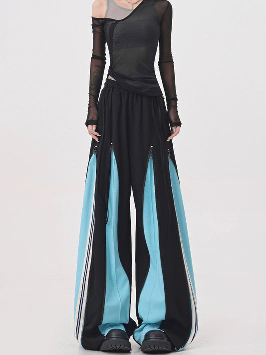 【25s Jul.】Blue Vintage Patchwork Sporty Wide-Leg Trousers