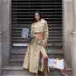 Elegant Khaki Short Trench Coat + Skirt Set