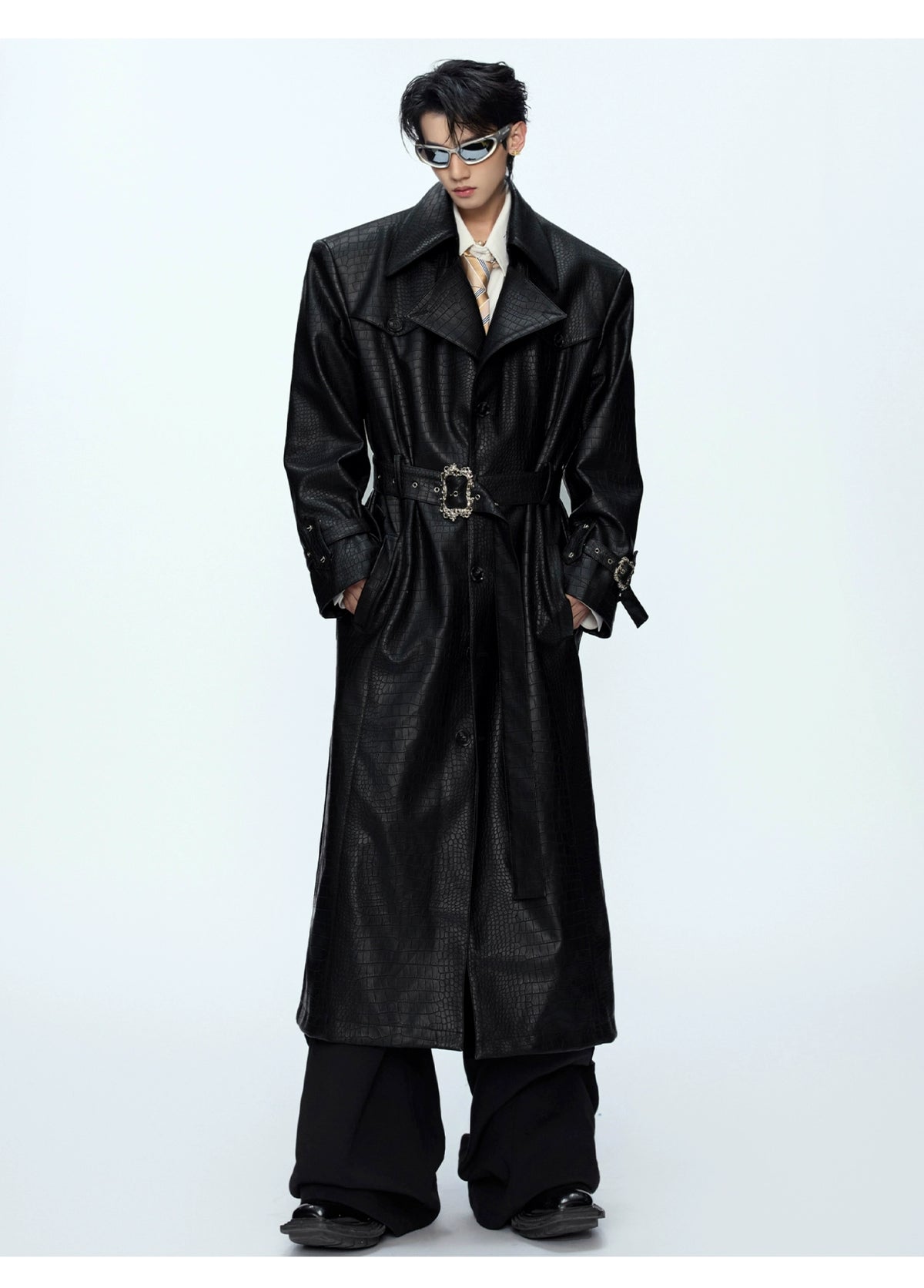 【25s Sep.】Deconstructed Crocodile-effect Metal Buttons Leather Coat