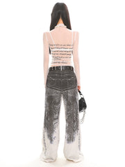 【25s Jul.】See-through Mesh Letter Print Long Sleeve Top