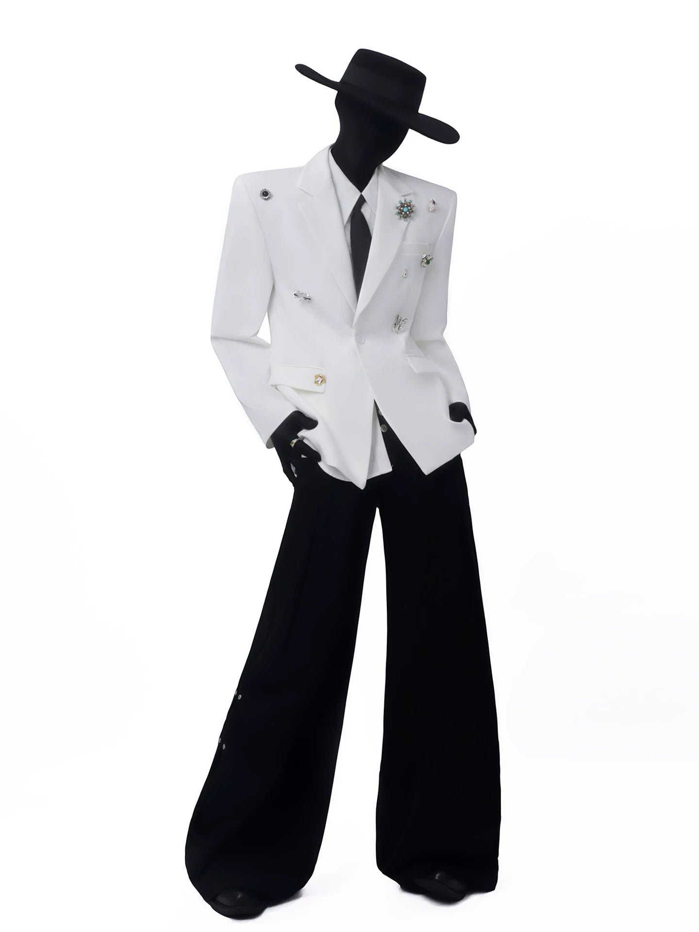 Metal Brooch White Blazer