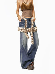 【26s Jan.】Leopard Faux-Layer Fur Panel Wide-Leg Denim Pants