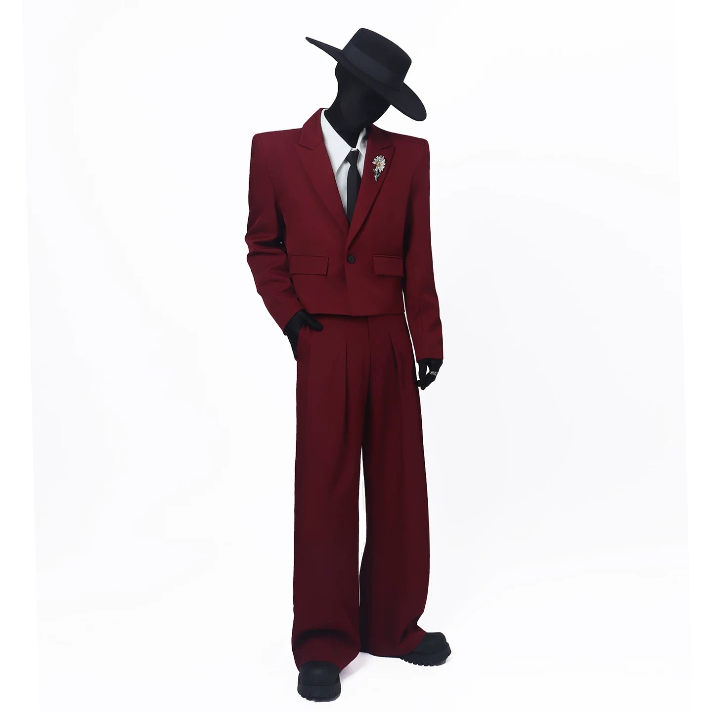 【26s May.】Metal Brooch Cropped Tailored Blazer + Pants