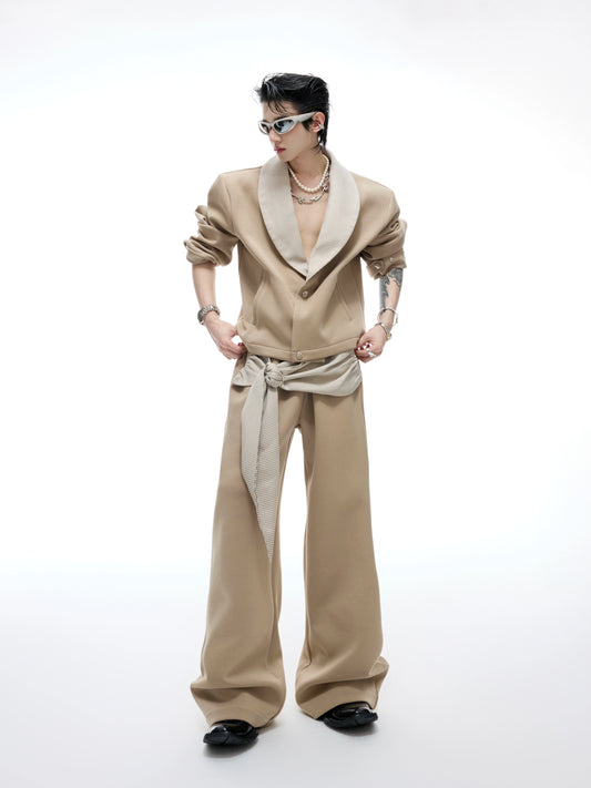 【25s Aug.】Black and White V-Neck Contrast Jacket with Drawstring Flowing Pants Set