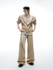 【25s Aug.】Black and White V-Neck Contrast Jacket with Drawstring Flowing Pants Set