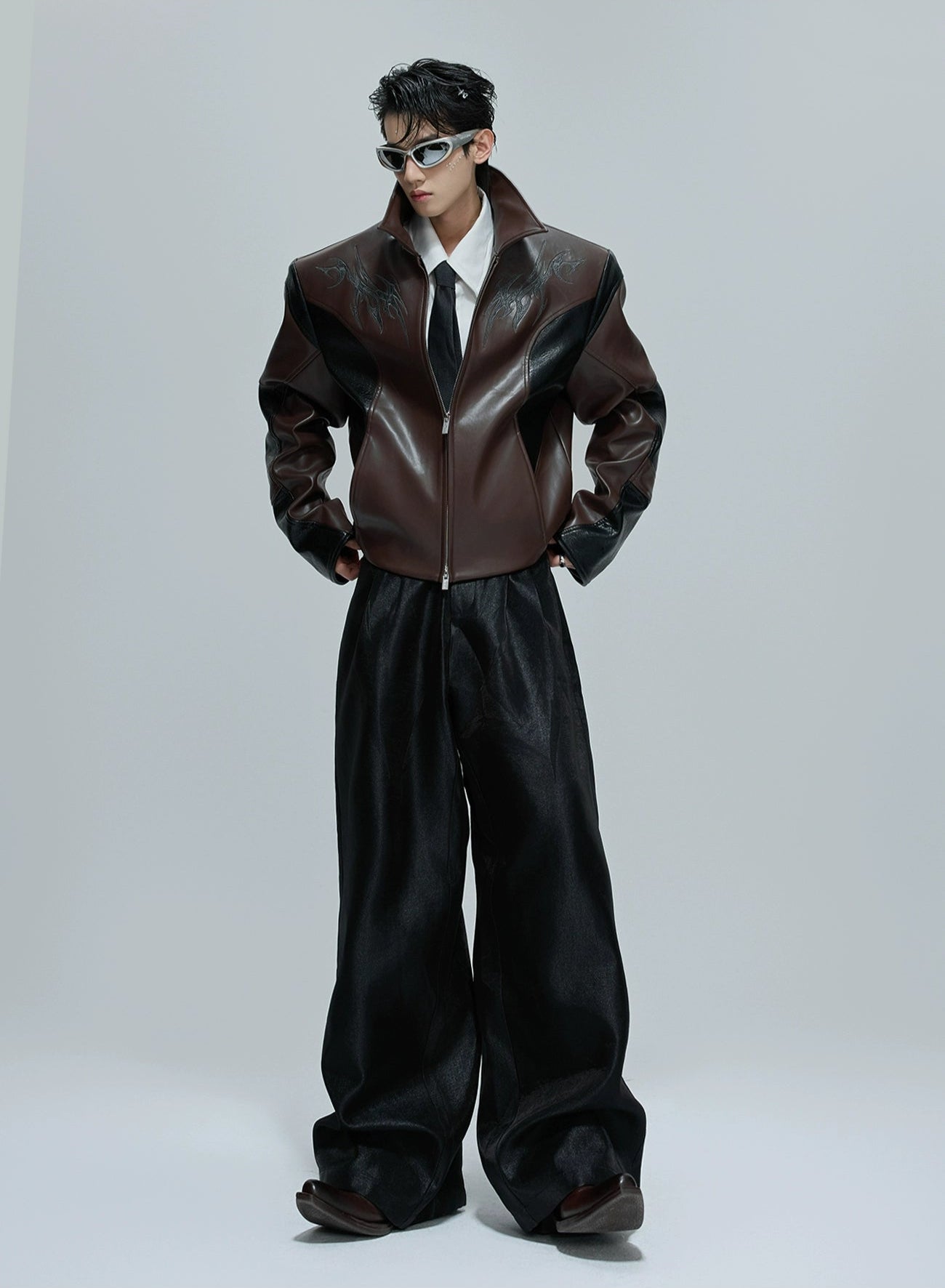 Embroidered Cropped Stand-up Collar Leather Jacket