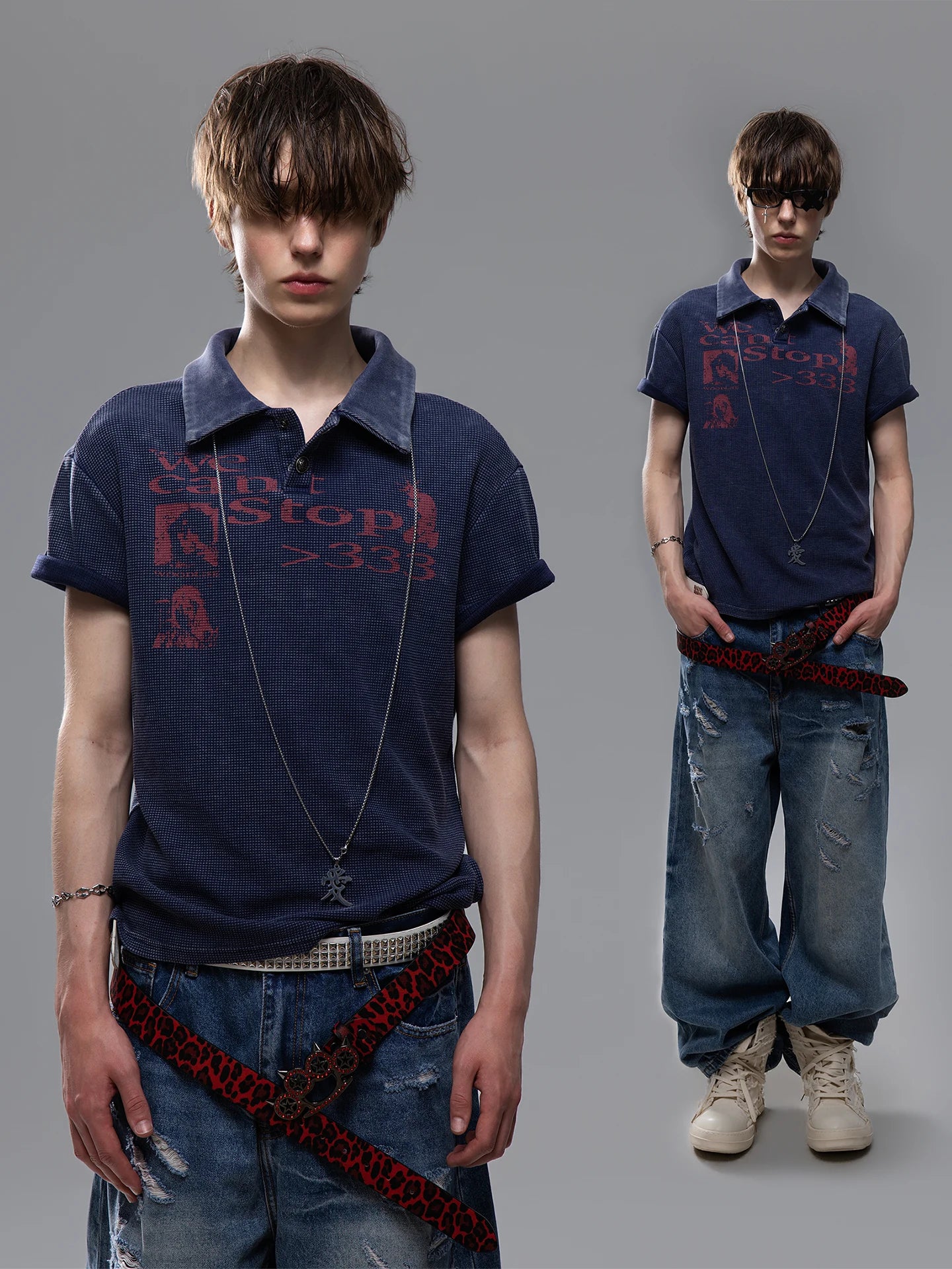 Distressed Waffle Boxy Polo Tee