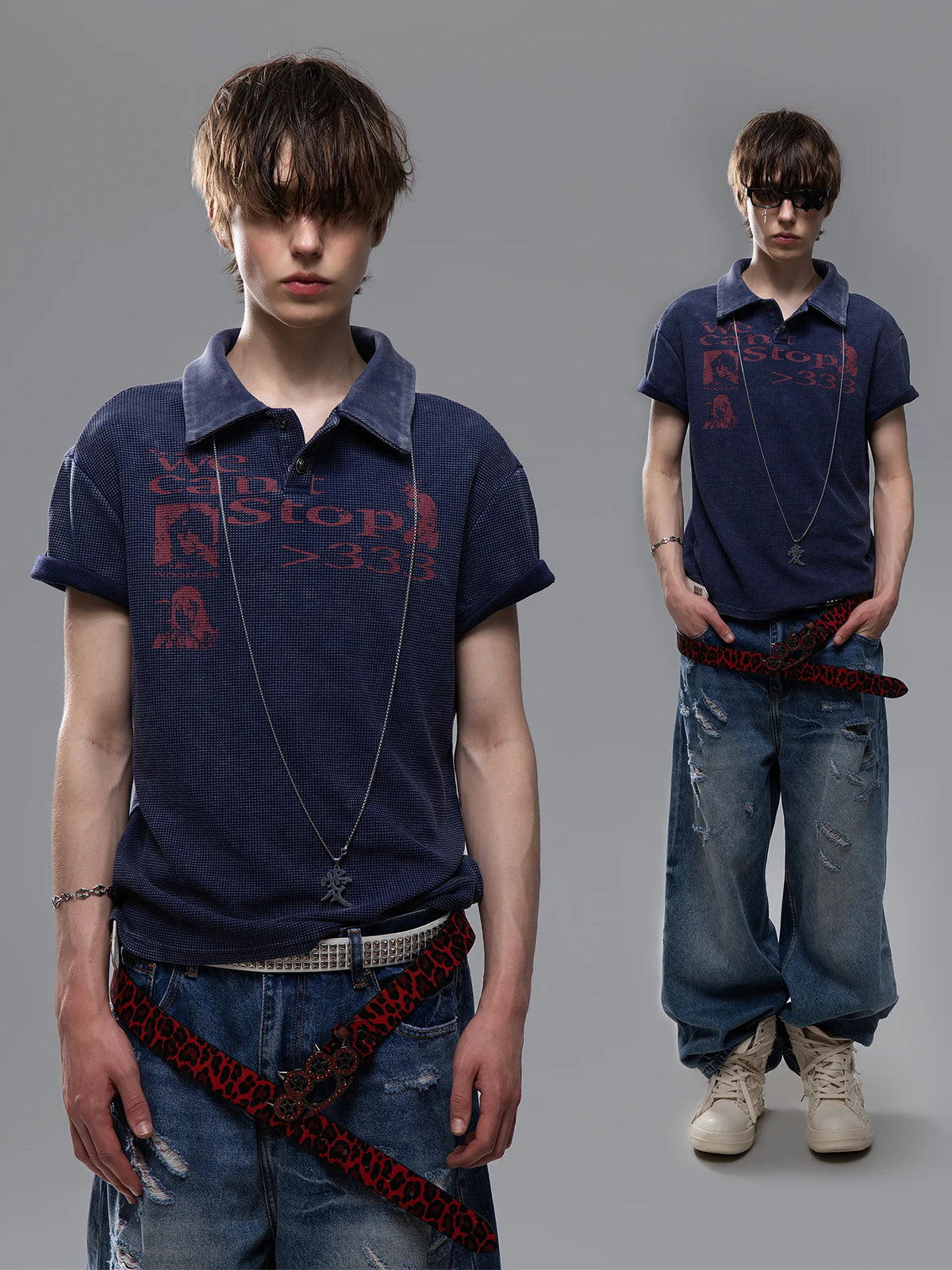 Distressed Waffle Boxy Polo Tee