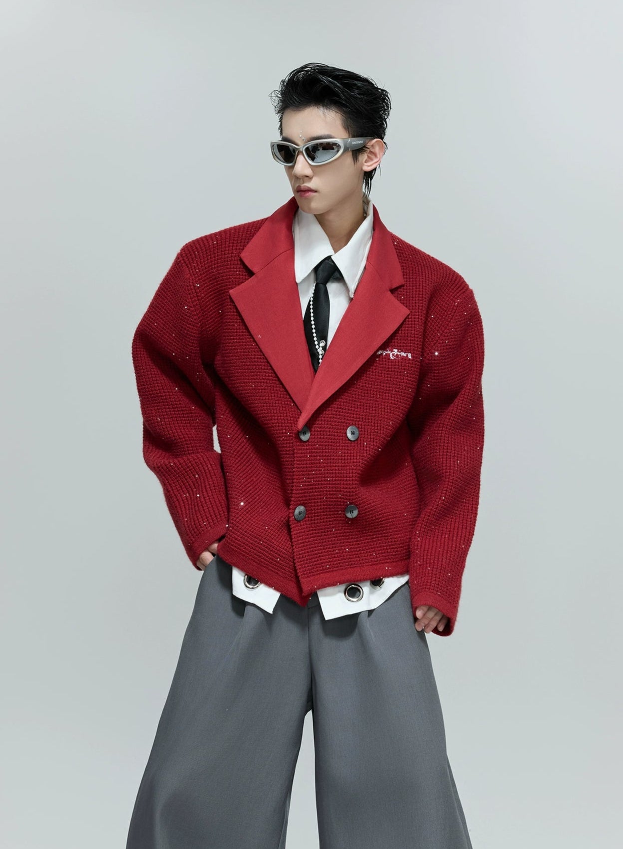 Sequined Plaid Textured Cardigan Jacket