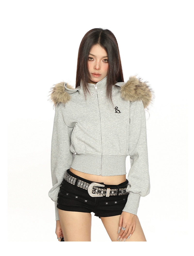 【25s Nov.】Detachable Fur Collar Hooded Short Jacket