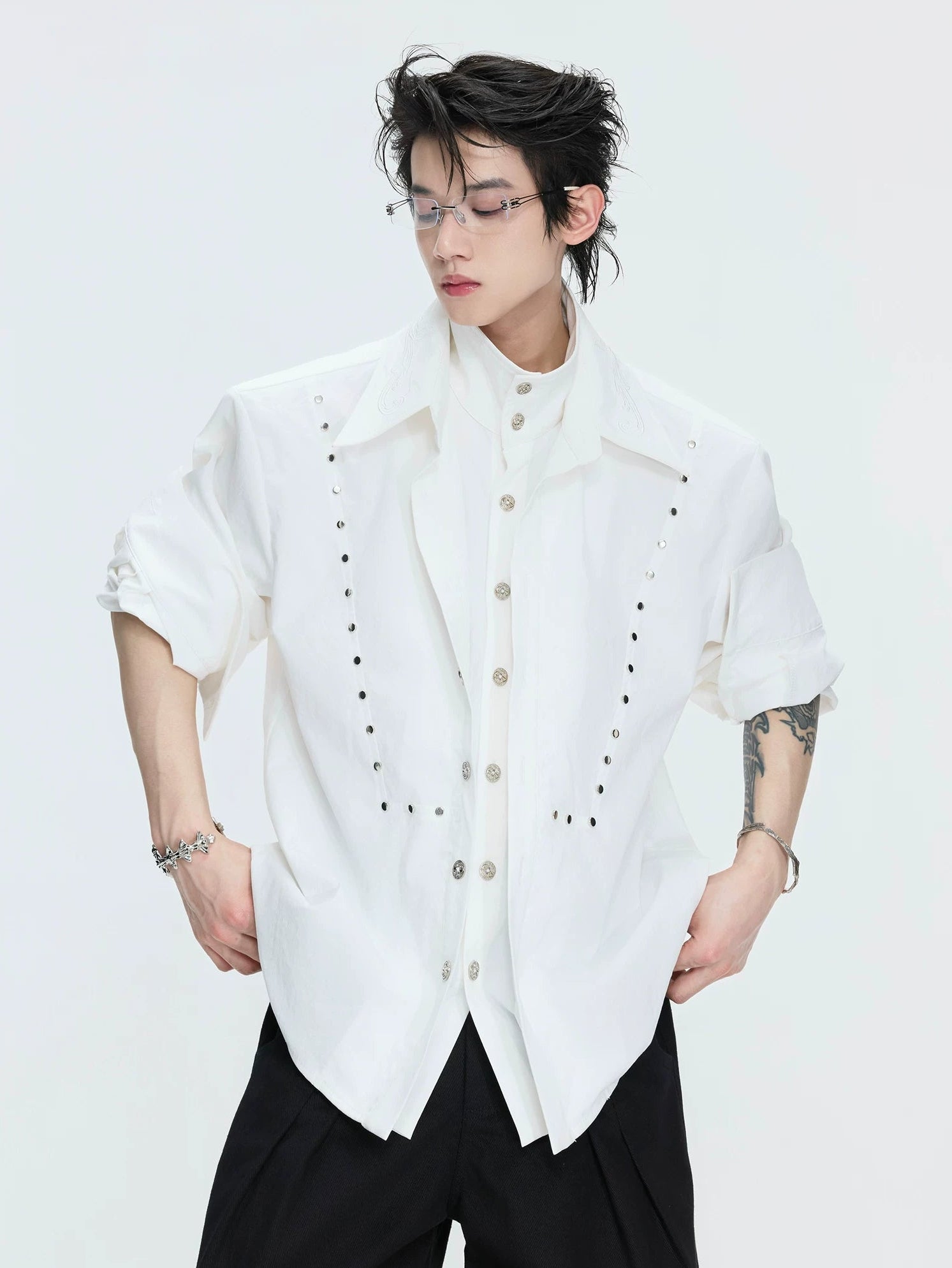 【26s May】Linen Blend Layered Studded Embroidered Shirt