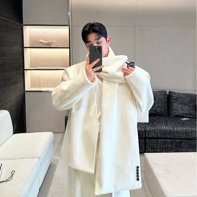 【24s Dec.】Heavy Woolen Collarless Suit, Scarf and Straight Pants Three-piece Suit ArtsKoreanMan