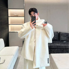 【24s Dec.】Heavy Woolen Collarless Suit, Scarf and Straight Pants Three-piece Suit ArtsKoreanMan