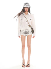 【25s Jul.】Vintage Collared Long Sleeve Shirt + Faded Studded Shorts