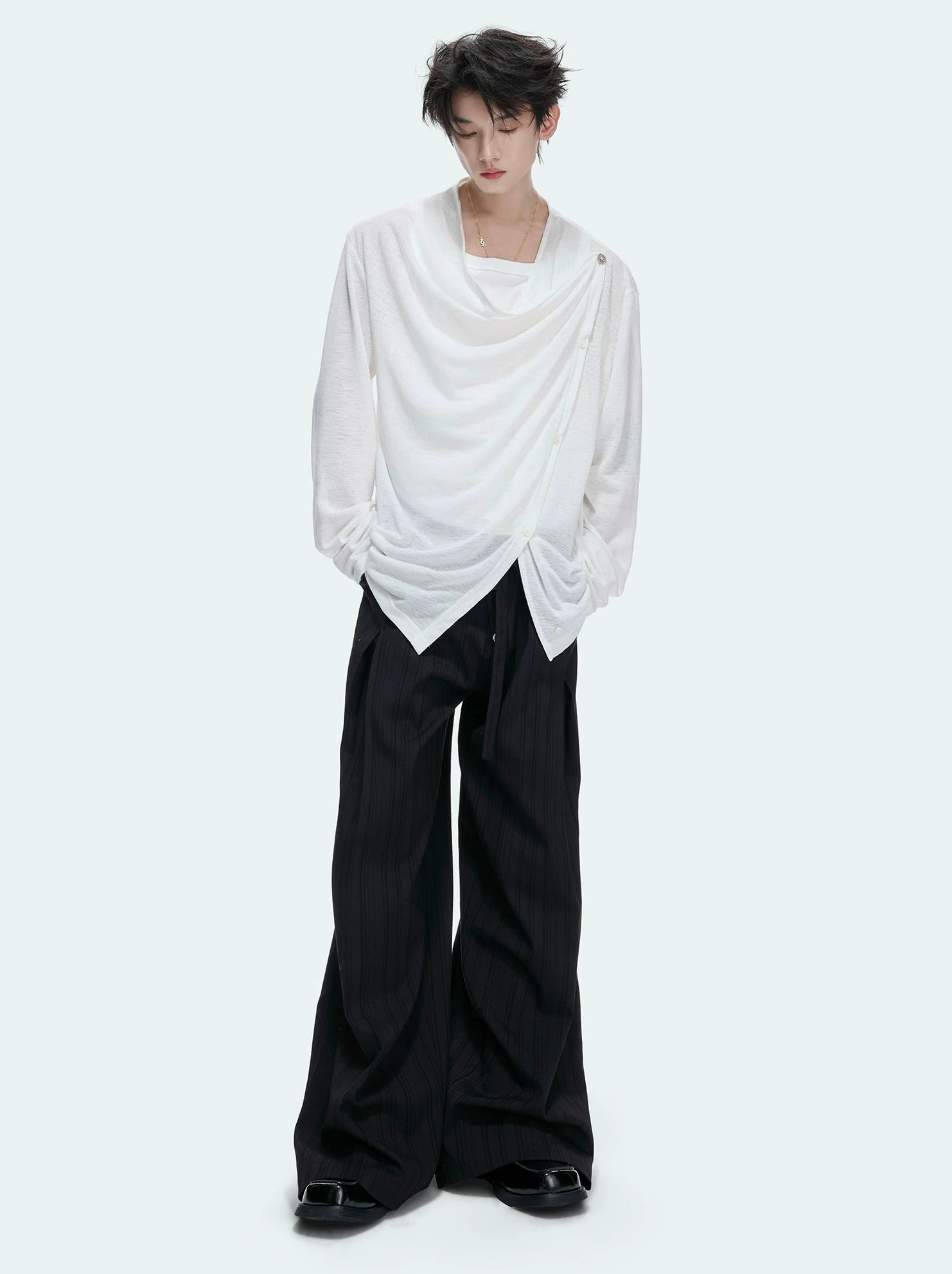 Textured Asymmetric Button Long Sleeve Top