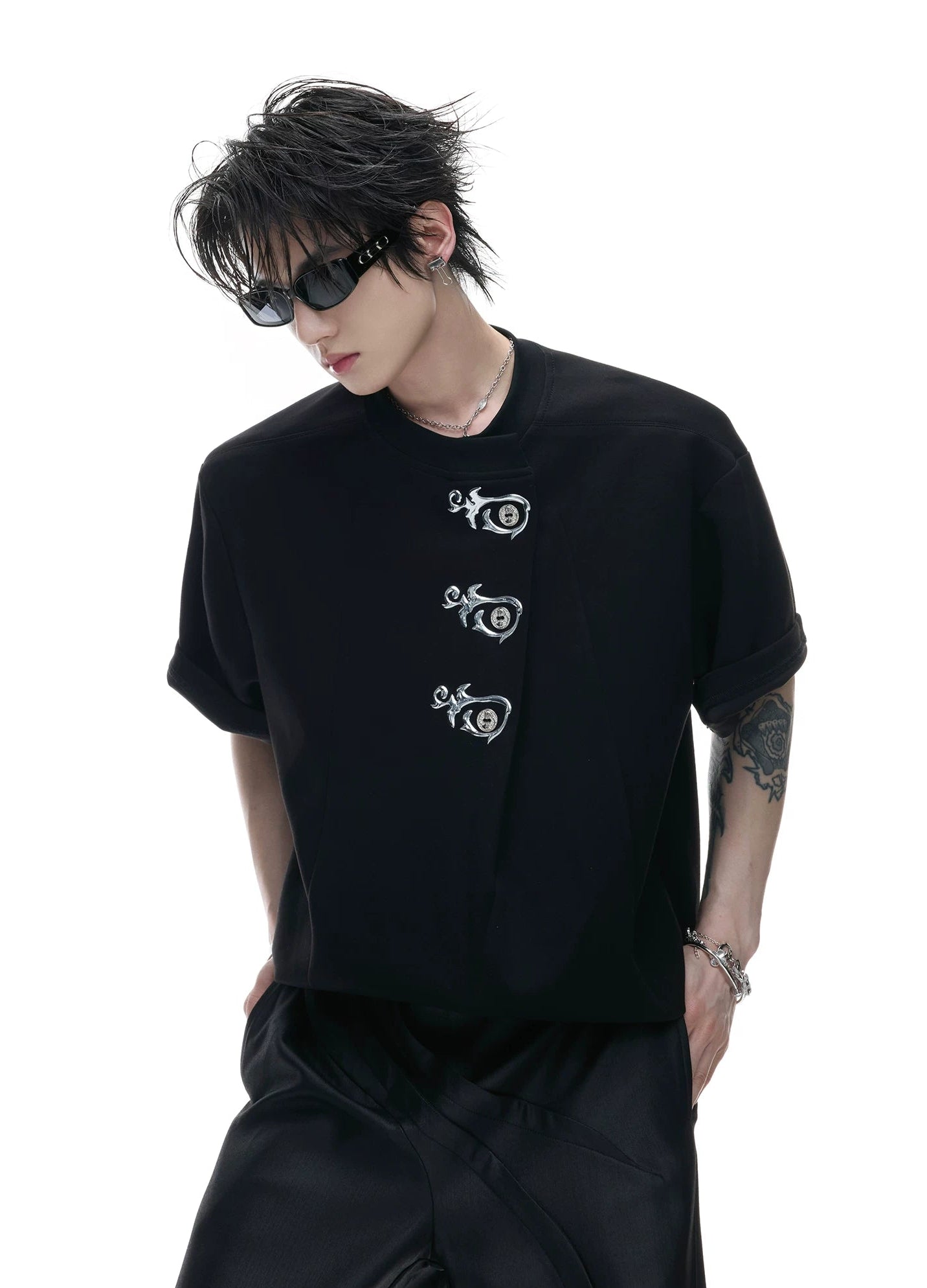 Asymmetric Placket Embroidered Tee